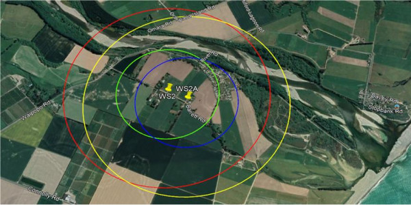 Whelen WPS2903 70dB sounding radius (Yellow), 80dB (Blue)
Original location shown for comparison re effective sounding radii